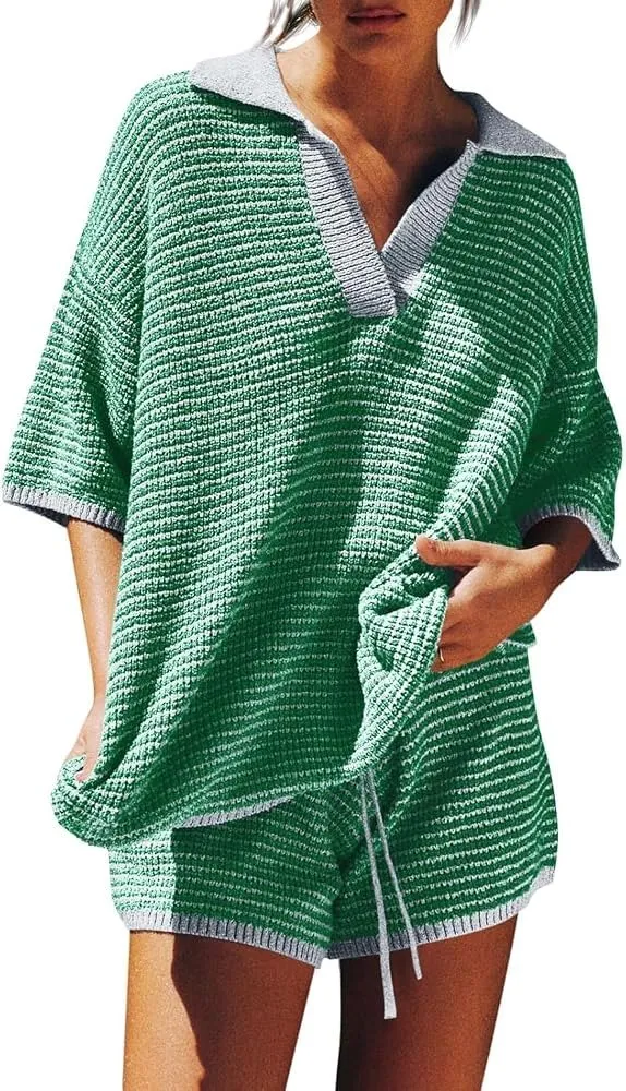Linknit 撞色短袖针织Polo套装定制实拍 OEM/ODM